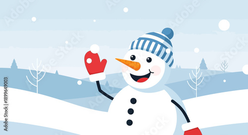 Cheerful Snowman Waving Hello In Snowy Winter Landscape Illustration