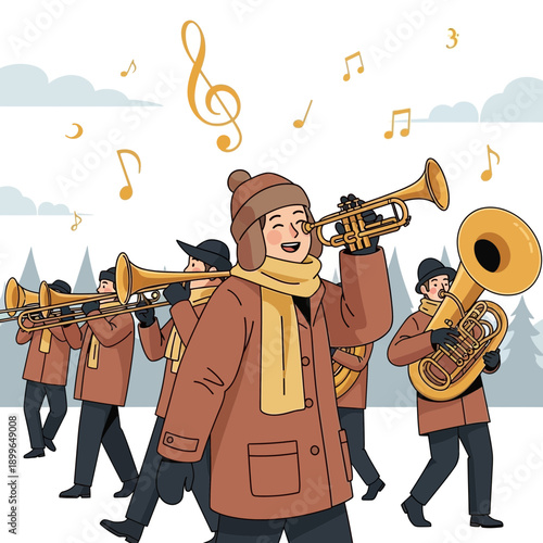 Cheerful Winter Brass Band Performing Lively Outdoor Music Ensemble Celebration