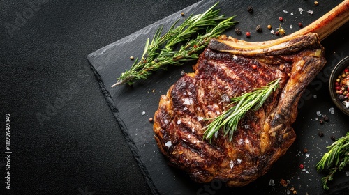 Grilled tomahawk steak with rosemary and sea salt on slate board.