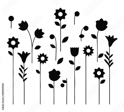 Minimalist wildflower garden collection with mixed blossoms and tall leaf stems vector silhouette, isolated on white background