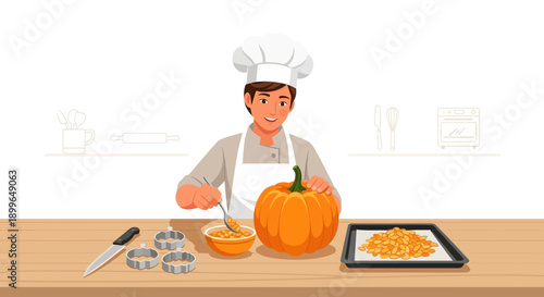 Chef Prepares Pumpkin For Seasonal Baking With Autumn Ingredients And Cookie Cutters