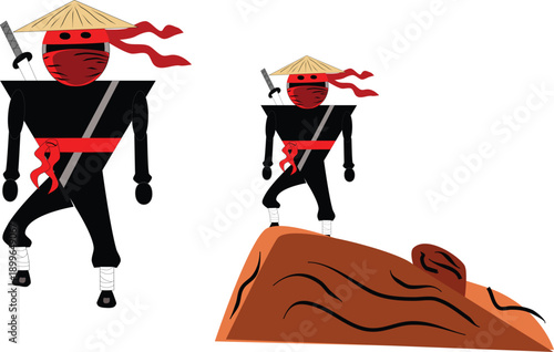 Two cartoon ninja warriors black red outfit swords headband fighting pose stealth assassins isolated on white ideal for martial arts japan samurai battle illustration vector clipart.