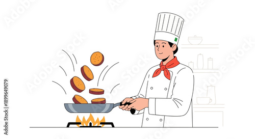 Chef Frying Slices In Pan With Lively Heat And Dynamic Motion