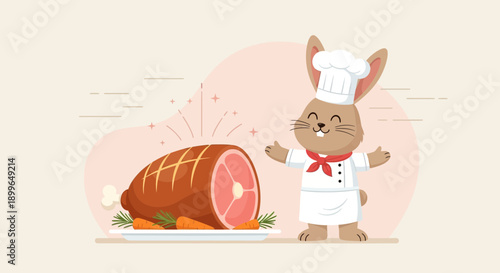 Chef Rabbit Presents A Savory Roasted Ham With Carrots And Rosemary Garnish
