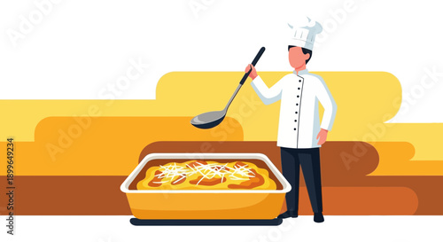 Chef Serves Delicious Baked Dish With Grated Cheese And Ladle