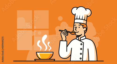 Chef Tasting Delicious Soup From A Spoon With Steam Rising