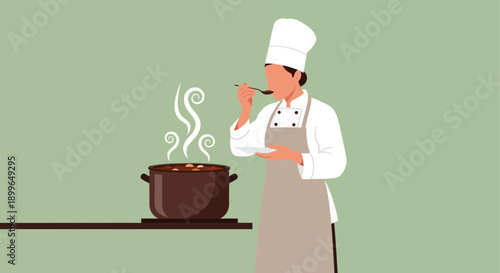 Chef Tasting Stew Steam Rising From Pot In Kitchen