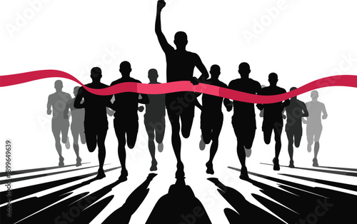 Silhouette runner breaking finish line tape with raised fist, victory and success concept, competition, achievement, leadership, sports motivation background