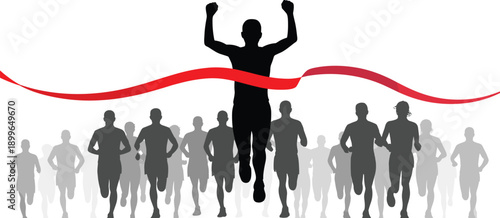 Silhouette runner crossing finish line ahead of group, success and victory concept, competition, achievement, leadership, goal accomplishment background