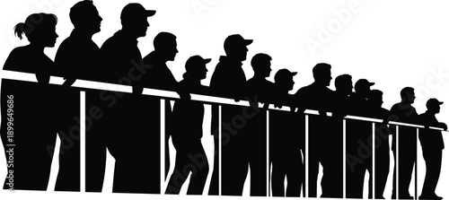 Silhouette spectators standing behind barrier, watching event, audience crowd concept, public gathering, sports fans, observation background