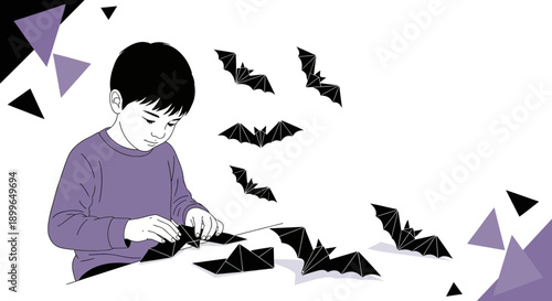 Child Creating Origami Bats For Halloween Festive Fun And Creativity