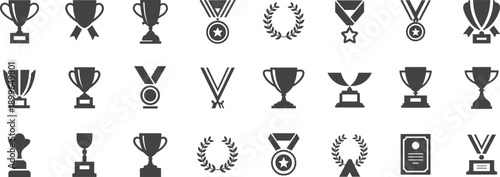 Trophy, medal and award silhouettes set with cups, ribbons and achievement icons as black victory symbols collection