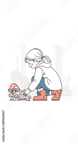 Child Discovering Enchanted Egg Among Whimsical Mushrooms In Forest