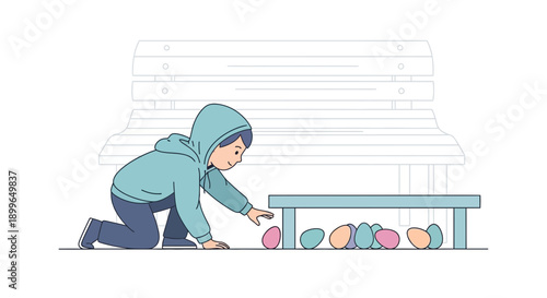 Child Discovering Colorful Eggs Beneath Park Bench