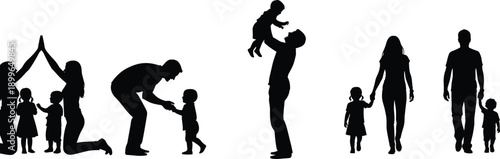 Silhouette family lifecycle from prayer to parenting and walking together showing love, growth, and connection across generations on white background minimal vector illustration