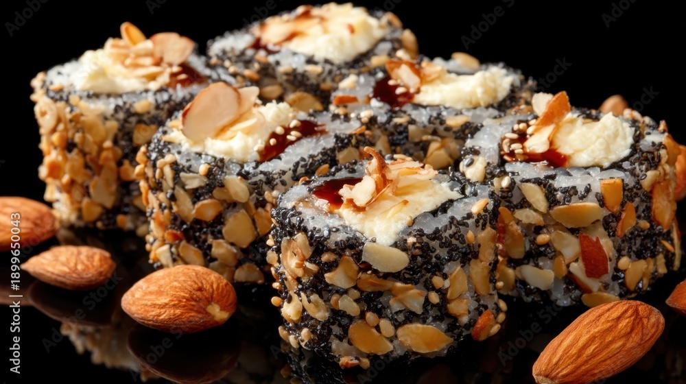 Fototapeta premium Almond sesame sushi rolls with cream cheese topping and black background.