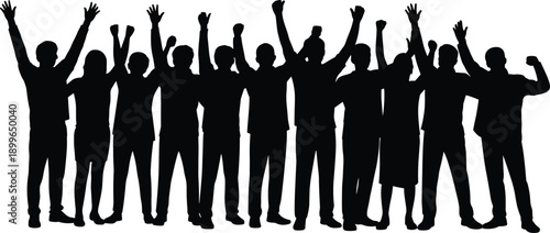 Silhouette of cheering people with raised arms, happy crowd celebration, teamwork, success, unity, excitement, social gathering background