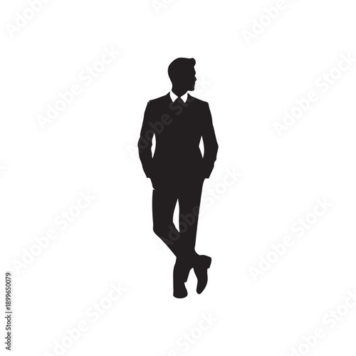 Vector silhouette of a man in a business suit standing  black color isolated on white background