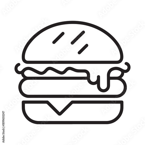 Simple black and white line drawing of a classic hamburger with layers