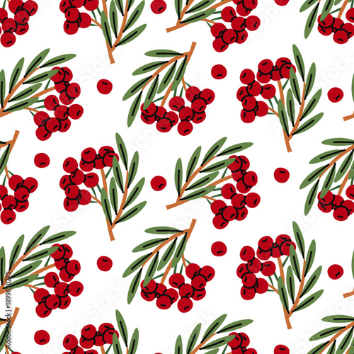 Seamless pattern with red rowan berries on green branches. Bright autumn botanical background for food packaging, textile prints, kitchen decor, or organic product branding