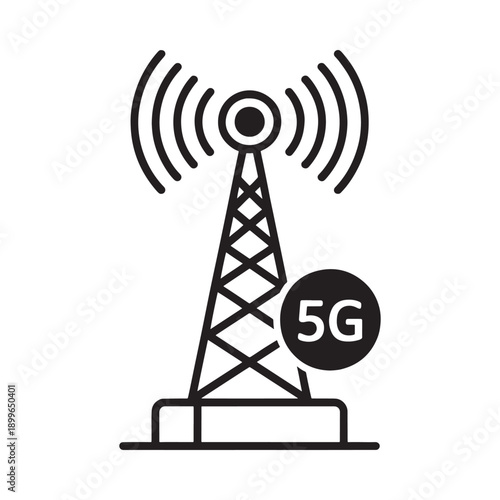 A simplified black outline of a 5g cellular tower with radiating waves