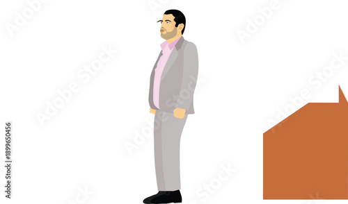 Cartoon businessman gray suit standing confident beside brown cardboard box delivery package professional character isolated on white ideal for business logistics shipping office illustration vector