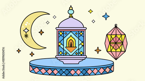 Vibrant eid celebration with lanterns and crescent moon