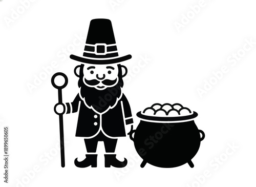 Black and white silhouette of a leprechaun with a staff and pot of gold. Celtic folklore character.