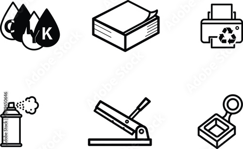 black and white icons of office and printing supplies on white background
