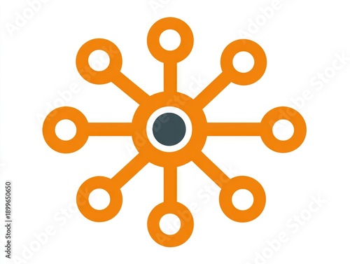 Minimal abstract radial network icon illustration with orange nodes and central hub representing connectivity systems logic and modern digital design