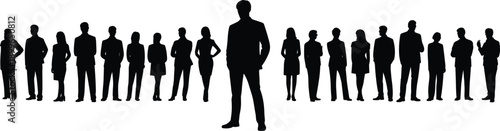 Silhouette business team with leader standing in front, corporate leadership concept, management, teamwork, organization, professional group background
