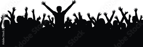 Silhouette cheering crowd with central person raising arms, celebration, unity, success, excitement, social gathering, audience energy background