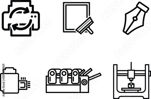 black and white line icons of various creative and industrial tools and devices used for art technology and manufacturing