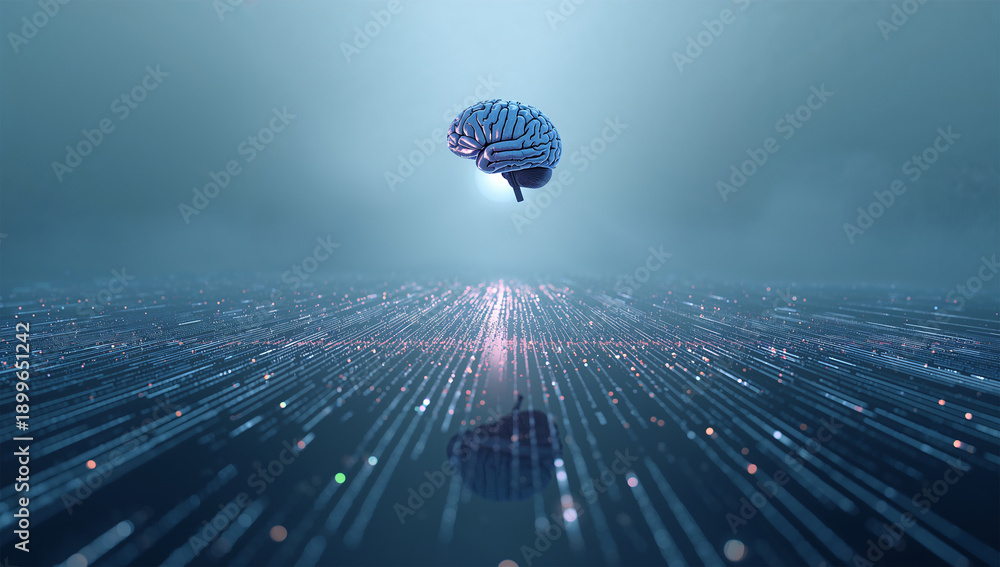 Obraz premium 夜明けの冷たい霧に包まれたデジタル脳、回路の反射が長く伸びる