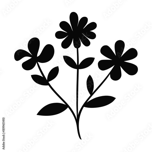 Minimalist wildflower trio arrangement with multiple blossoms and leaf stems vector silhouette, isolated on white background