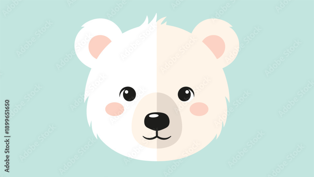 Fototapeta premium Friendly polar bear head is illustrated with rosy cheeks on a soft light blue background with a subtle split tone effect.