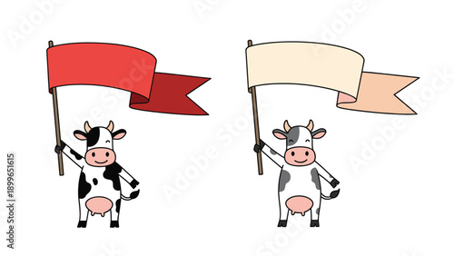 Pair of cartoon cows with black and white spots hold up large blank banners in red and cream colors for messages or announcements.