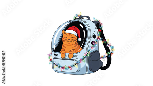 Orange tabby cat wearing a tiny Santa hat sits inside a space themed pet carrier backpack decorated with colorful Christmas lights.