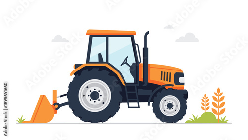 Modern orange farm tractor with a front loader attachment is illustrated in a field with wheat stalks under a clear sky.