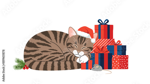 Cozy tabby cat wearing a Santa hat is fast asleep next to a stack of colorful Christmas presents and a tiny toy mouse.