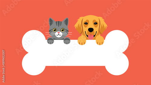 Friendly grey cat and golden retriever dog peeking over a large white bone shape against a solid red background in a cartoon style.