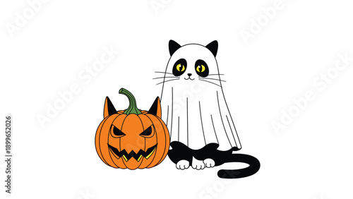 Spooky halloween cartoon of a black and white cat wearing a ghost costume made from a white sheet next to an orange jack o lantern.
