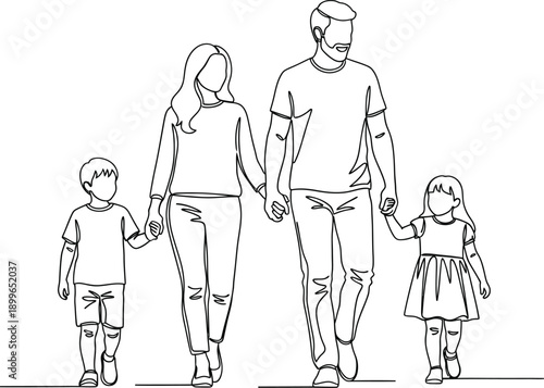 Mother and father with two children walking hand in hand continuous single line family concept vector illustration