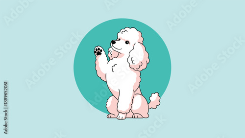 Adorable white poodle dog sitting and waving its paw within a teal circle on a light blue background in a flat cartoon vector style.