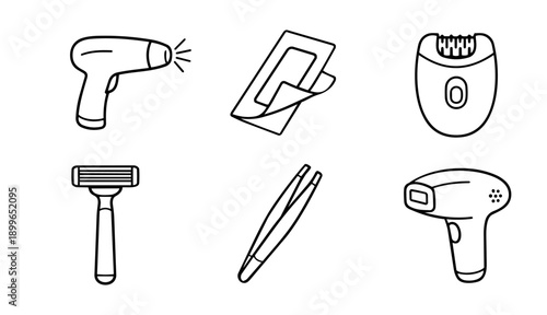 Hair Removal and Beauty Grooming Line Icon Set - Laser, Wax, Razor, Epilator, Tweezers
