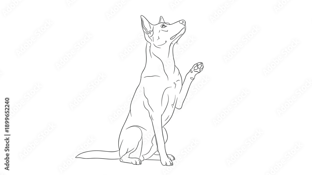 © Nur - Minimalist line drawing of a slender dog sitting upright and lifting one front paw as if performing a trick on a white background.