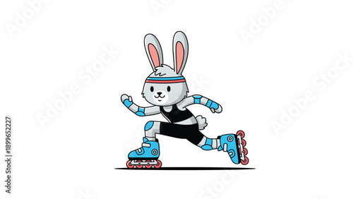 Dynamic cartoon illustration of a grey rabbit athlete wearing a headband and sports gear while rollerblading on a white background.