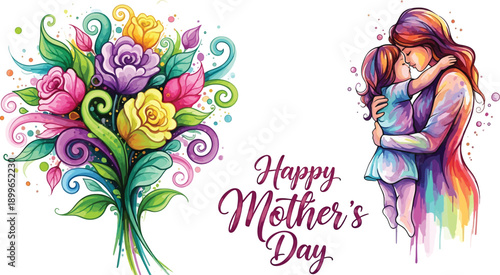 A vibrant watercolor illustration celebrating Happy Mother's Day, featuring a colorful floral bouquet and a loving embrace between a mother and her child.