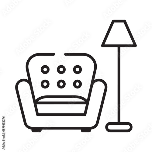 Simple line drawing depicts a cozy armchair and a minimalist floor lamp