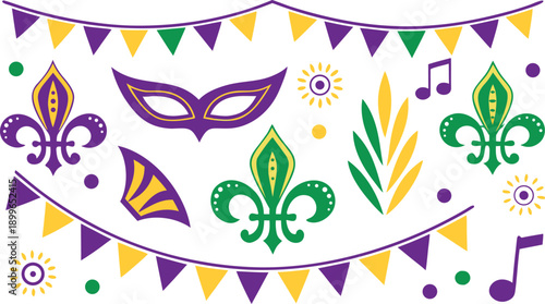 Mardi gras celebration with colorful masks floral patterns and music notes